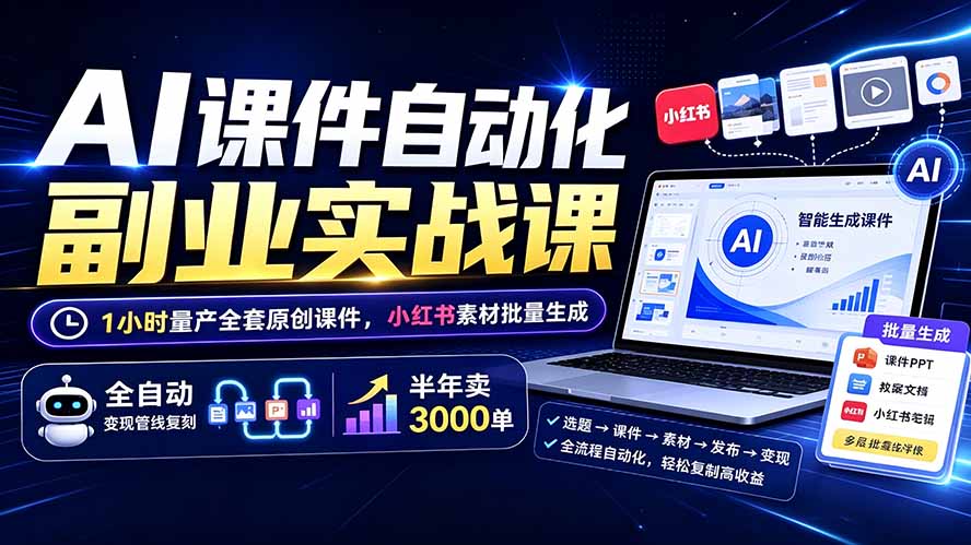 AI课件自动化副业实战课：1小时量产全套原创课件×小红书素材批量生成×全自动变现管线×半年卖3000单-天韵资源网