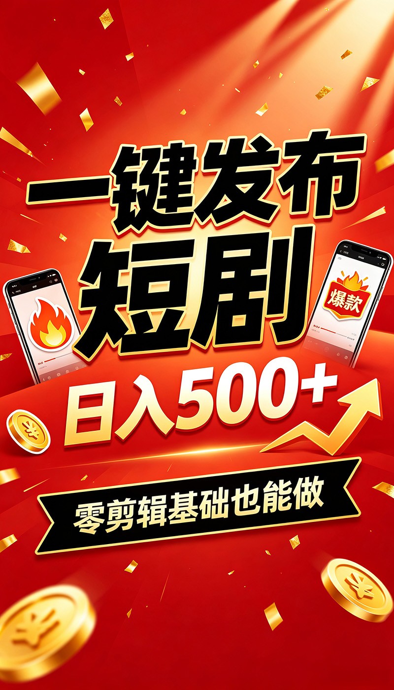 快手短剧一键发布，不用剪辑操作简单，副业日入500+。空闲时间轻松赚收益-天韵资源网