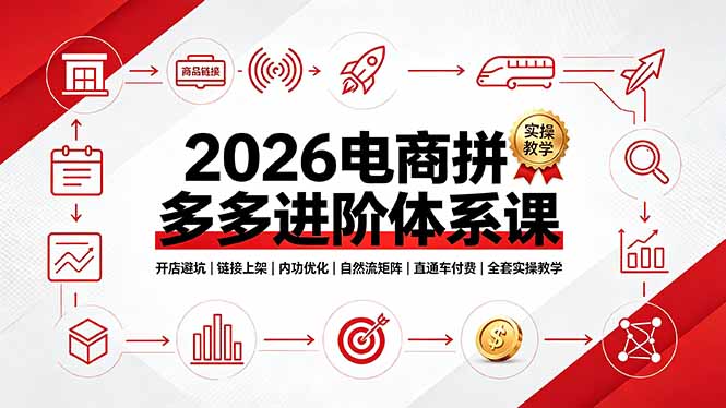 2026电商拼多多进阶体系课，开店避坑，链接上架，内功优化，自然流矩阵｜直通车付费｜全套实操教学-天韵资源网