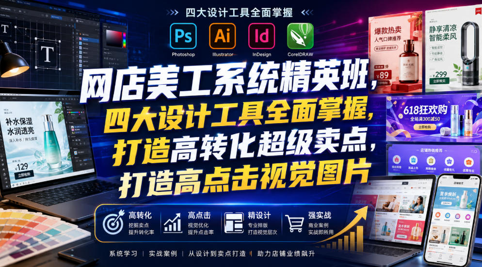 网店美工系统精英班,四大设计工具全面掌握,打造高转化超级卖点,打造高点击视觉图片(2026年7月)-天韵资源网