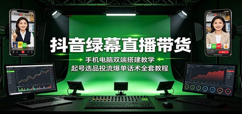 抖音绿幕直播带货：手机电脑双端搭建教学，起号选品投流爆单话术全套教程-天韵资源网