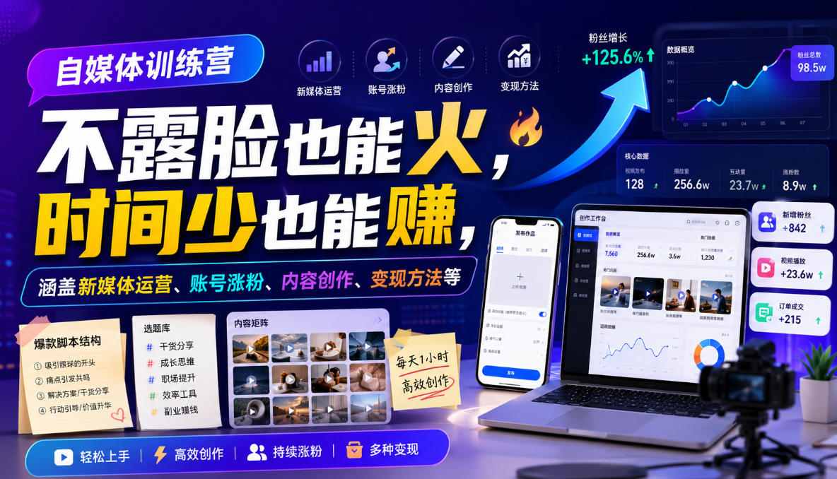 自媒体训练营，不露脸也能火，时间少也能賺，涵盖新媒体运营、账号涨粉、内容创作、变现方法等-天韵资源网