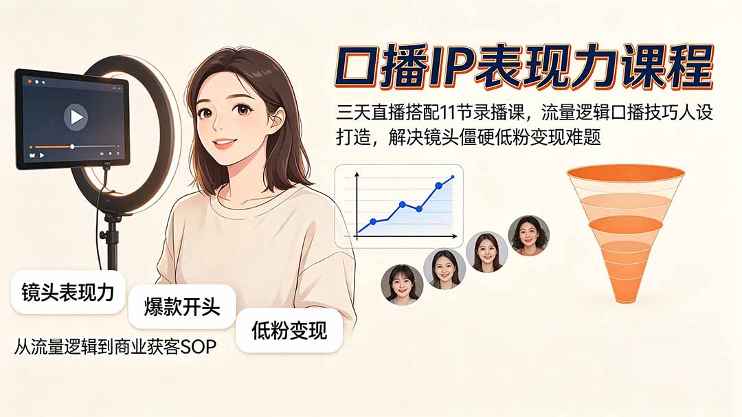 口播IP表现力课程｜三天直播搭配11节录播课，流量逻辑口播技巧人设打造，解决镜头僵硬低粉变现难题-天韵资源网