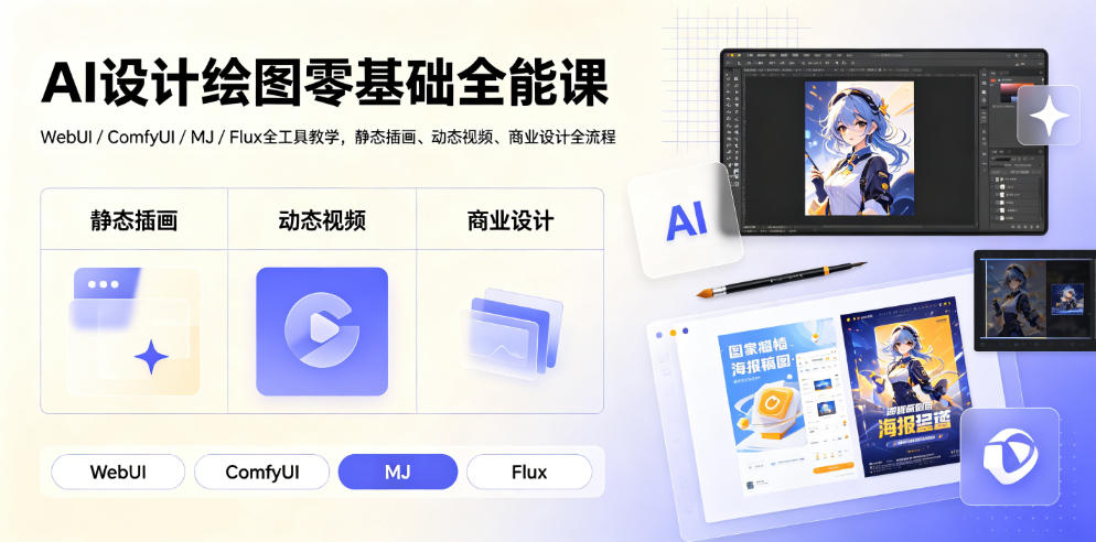 AI设计绘图零基础全能课｜WebUI/ComfyUI/MJ/Flux全工具教学，静态插画、动态视频、商业设计全流程-天韵资源网