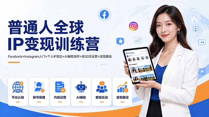 普通人全球IP变现训练营：Facebook×Instagram入门×个人IP定位×AI辅助创作×前30天运营×变现路径-天韵资源网