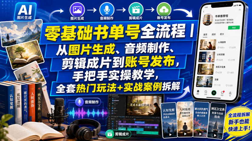 零基础书单号全流程｜从图片生成、音频制作、剪辑成片到账号发布，手把手实操教学，全套热门玩法+实战案例拆解-天韵资源网