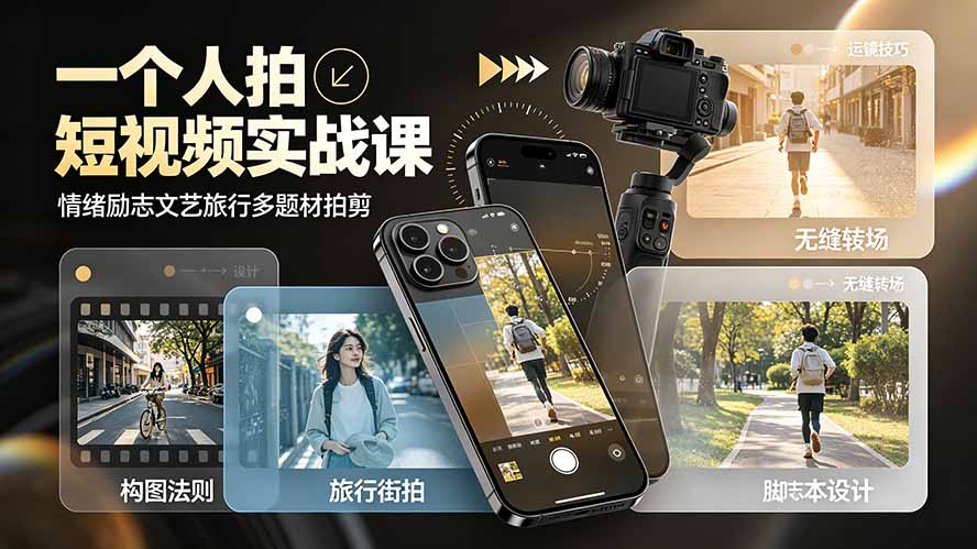 一个人拍短视频实战课：情绪励志文艺旅行多题材×五大景别×黄金构图×八大运镜，从拍摄到成片高效创作-天韵资源网