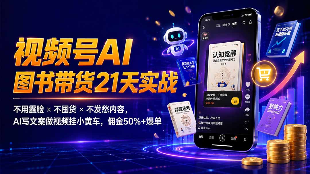 繁花视频号AI图书带货21天实战：不用露脸×不囤货×不发愁内容，AI写文案做视频挂小黄车，佣金50%+爆单-天韵资源网