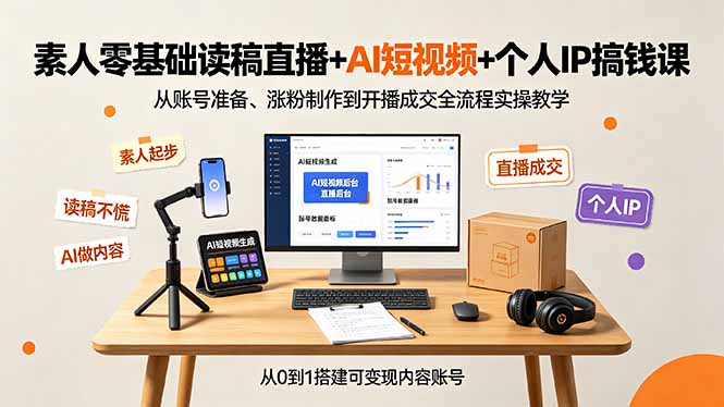 素人零基础读稿直播+AI短视频+个人IP搞钱课，从账号准备、涨粉制作到开播成交全流程实操教学-天韵资源网