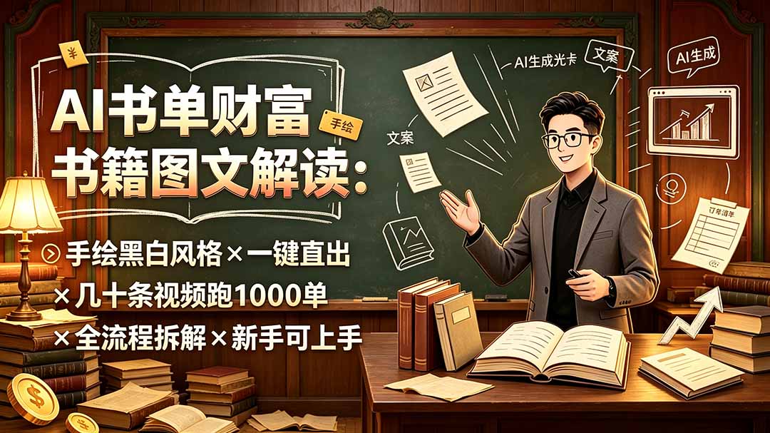 AI书单财富书籍图文解读：手绘黑白风格×一键直出×几十条视频跑1000单×全流程拆解×新手可上手-天韵资源网