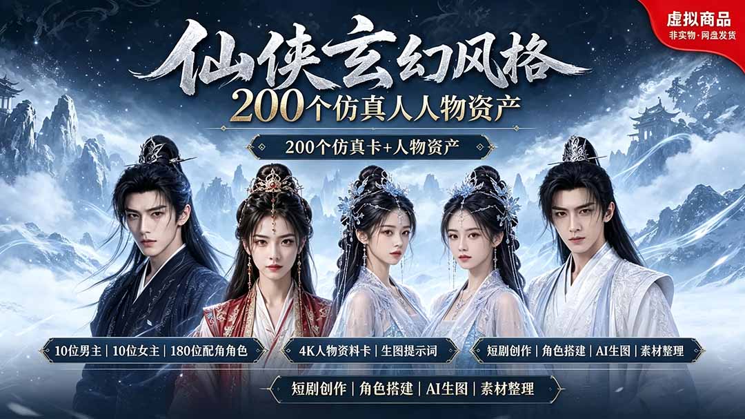 200个仙侠玄幻仿真人素材◆10男主×10女主×180配角,4K资料卡+AI生图提示词,漫剧必备-天韵资源网