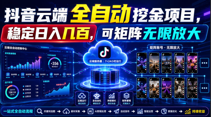 Dy云端全自动挖金项目，稳定日入几百，可矩阵无限放大！【揭秘】-天韵资源网