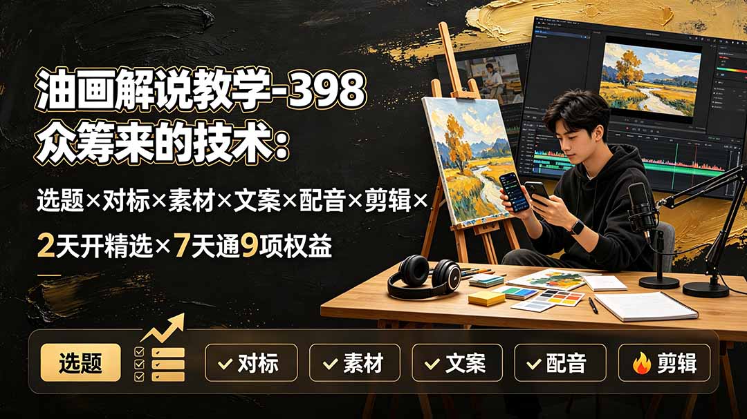 油画解说教学-398众筹来的技术：选题×对标×素材×文案×配音×剪辑×2天开精选×7天通9项权益-天韵资源网