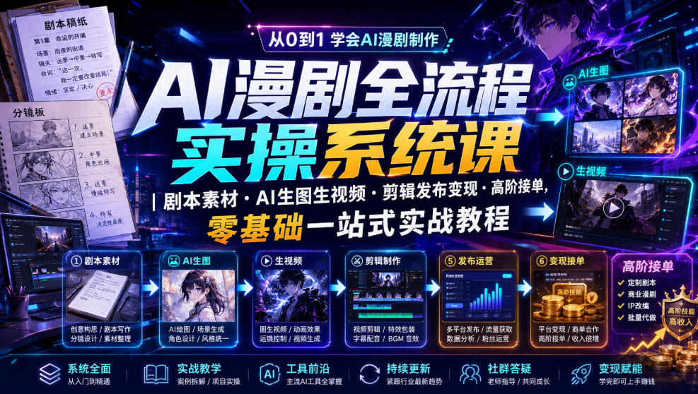 AI漫剧全流程实操系统课|剧本素材・AI生图生视频・剪辑发布变现・高阶接单,零基础一站式实战教程-天韵资源网