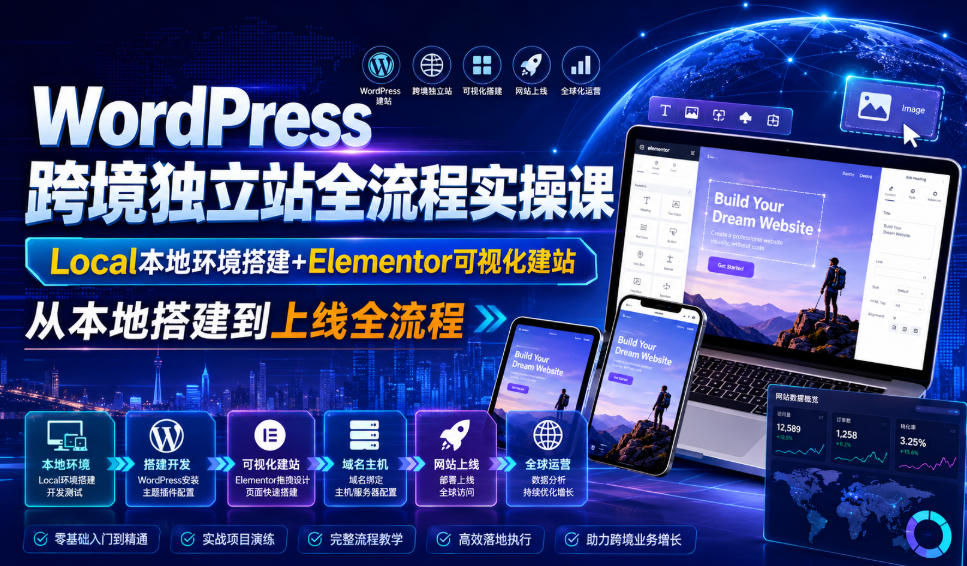 WordPress跨境独立站全流程实操课｜Local本地环境搭建+Elementor可视化建站，从本地搭建到上线全流程-天韵资源网