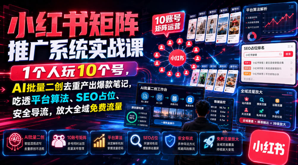 小红书矩阵推广系统实战课｜1个人玩10个号，AI批量二创去重产出爆款笔记，吃透平台算法、SEO占位、安全导流，放大全域免费流量-天韵资源网