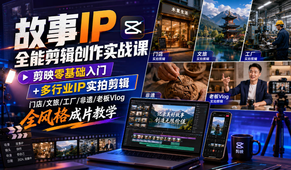 故事IP全能剪辑创作实战课｜剪映零基础入门+多行业IP实拍剪辑，门店/文旅/工厂/非遗/老板Vlog全风格成片教学-天韵资源网