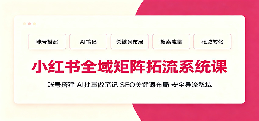 小红书全域矩阵拓流系统课:账号搭建、AI批量做笔记,SEO关键词布局、安全导流私域-天韵资源网