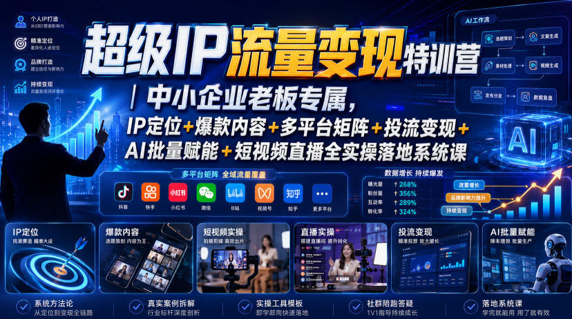 超级IP流量变现特训营｜中小企业老板专属，IP定位+爆款内容+多平台矩阵+投流变现+AI批量赋能+短视频直播全实操落地系统课-天韵资源网