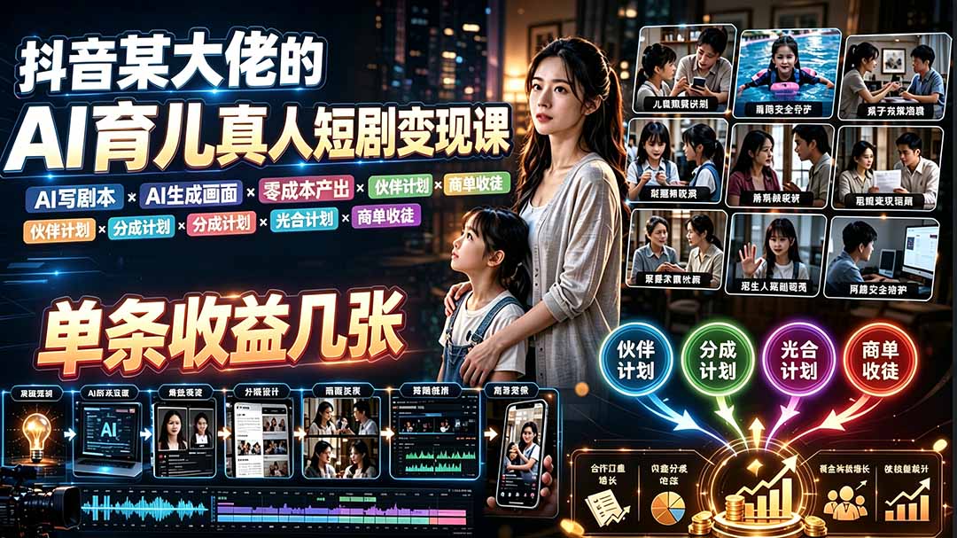 AI育儿真人短剧变现课:AI写剧本×AI生成画面×零成本产出×伙伴计划×分成计划×光合计划×商单收徒-天韵资源网