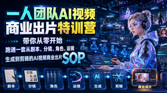 一人团队AI视频商业出片实战课:带你从零开始跑通一套从剧本、分镜、角色、运镜、生成到剪辑的AI视频商业出片SOP-天韵资源网