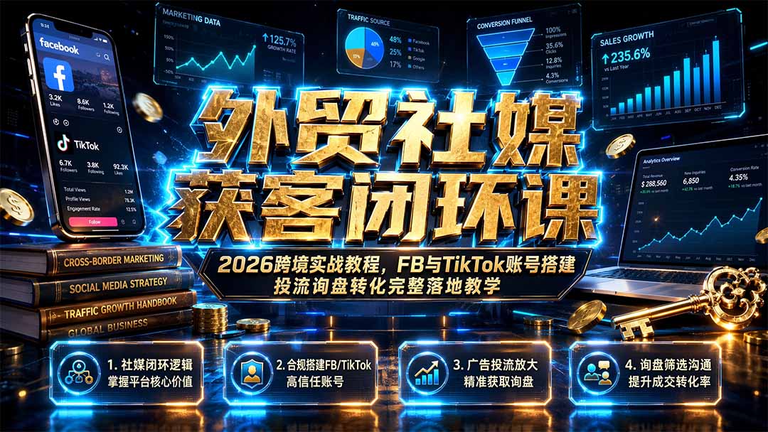 外贸社媒获客闭环课｜2026跨境实战教程，FB与TikTok账号搭建投流询盘转化完整落地教学-天韵资源网