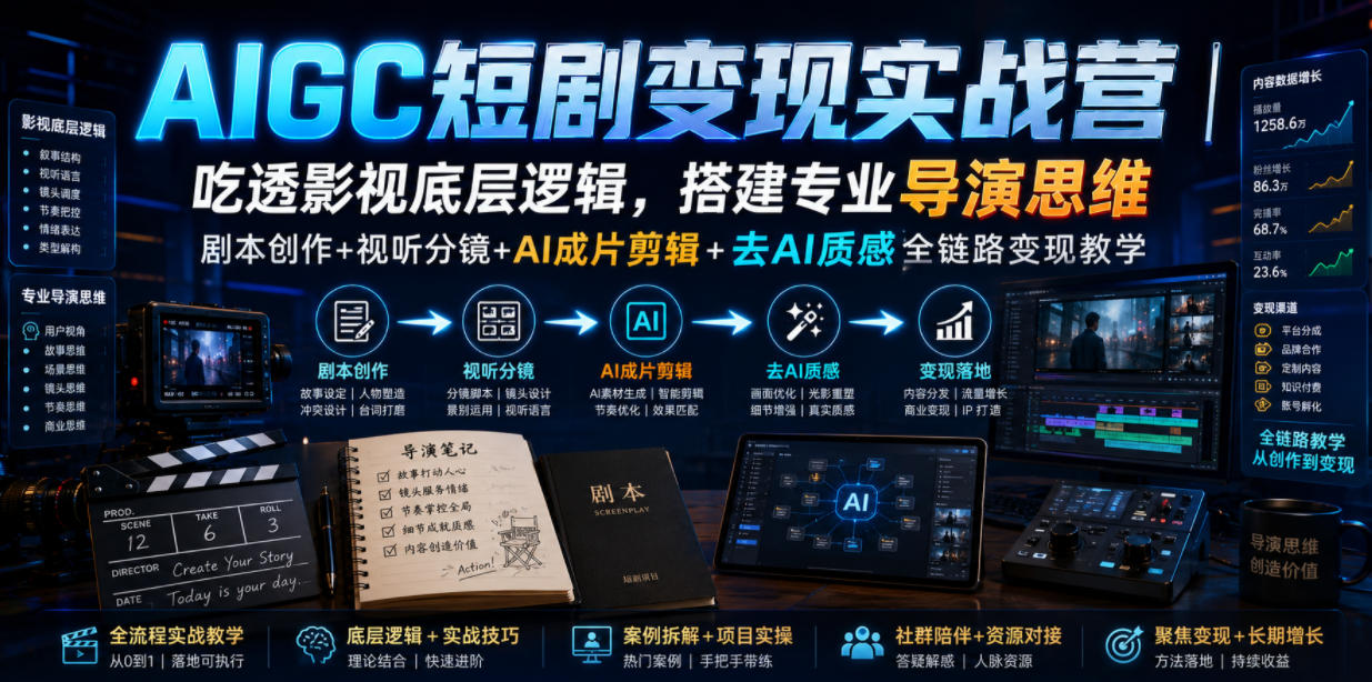 AIGC短剧变现实战营｜吃透影视底层逻辑，搭建专业导演思维，剧本创作+视听分镜+AI成片剪辑+去AI质感全链路变现教学-天韵资源网