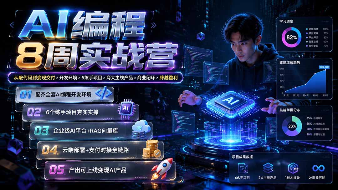 AI编程8周实战营：从敲代码到变现交付×开发环境×6练手项目×两大主线产品×商业闭环×跨越盈利-天韵资源网