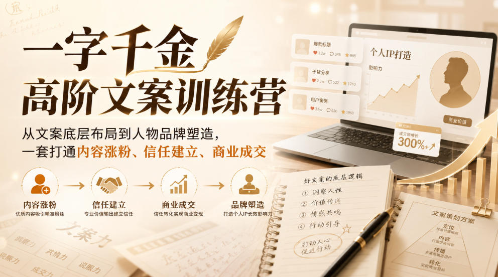 一字千金高阶文案训练营,从文案底层布局到人物品牌塑造,一套打通内容涨粉、信任建立、商业成交-天韵资源网