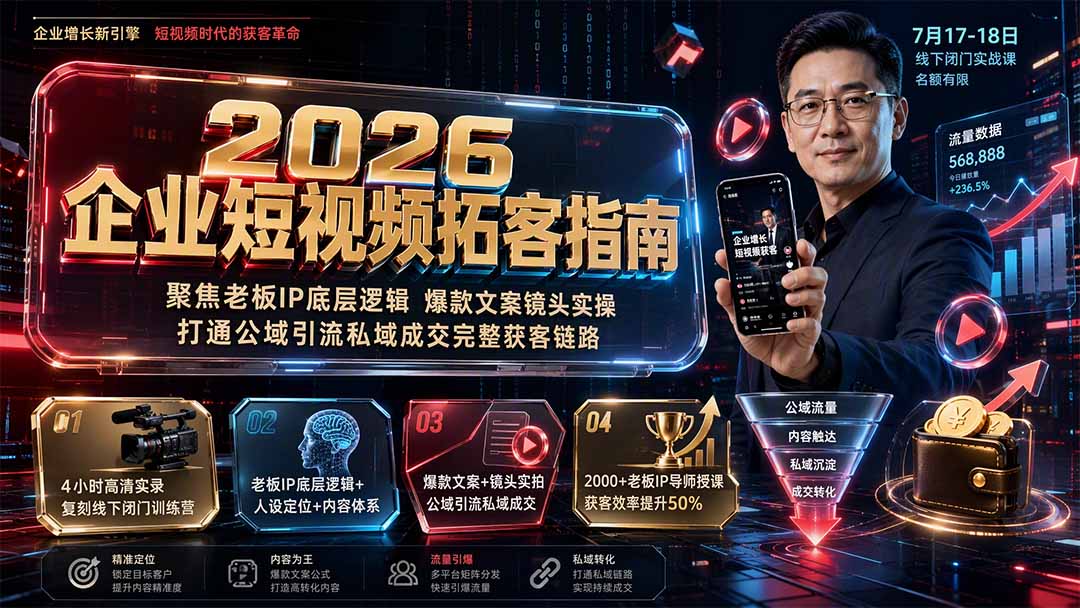 2026企业短视频拓客指南：聚焦老板IP底层逻辑，爆款文案镜头实操，打通公域引流私域成交完整获客链路-天韵资源网