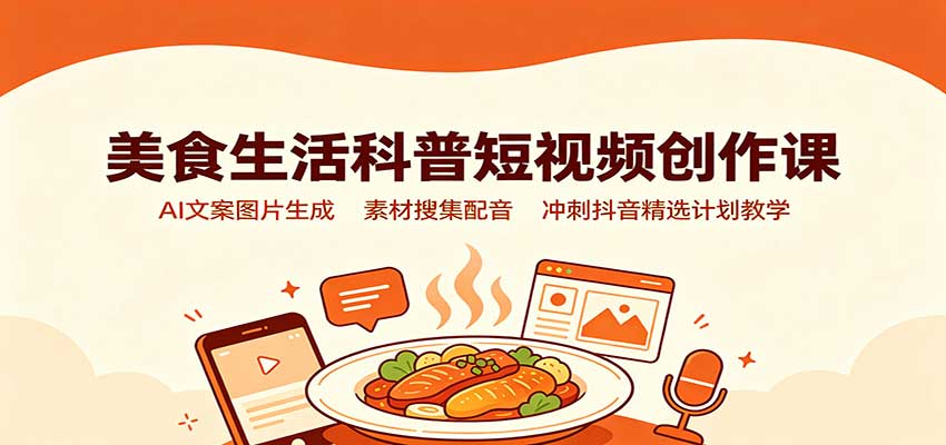 美食生活科普短视频创作课：AI文案图片生成，素材搜集配音，冲刺抖音精选计划教学-天韵资源网