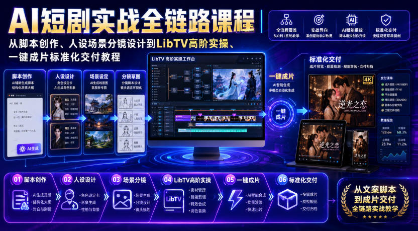AI短剧实战全链路课程｜从脚本创作、人设场景分镜设计到LibTV高阶实操、一键成片标准化交付教程-天韵资源网