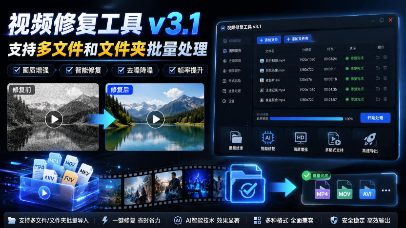 视频修复工具v3.1，支持多文件和文件夹批量处理-天韵资源网