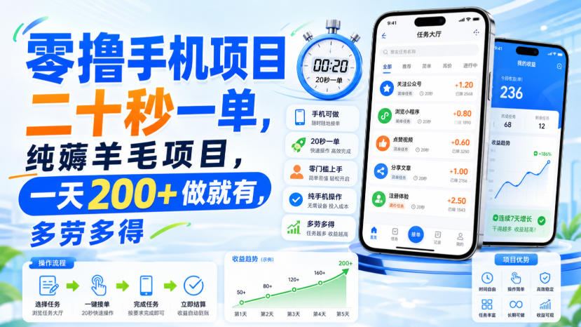 零撸手机项目，二十秒一单，纯薅羊毛项目，一天200+做就有，多劳多得【揭秘】-天韵资源网