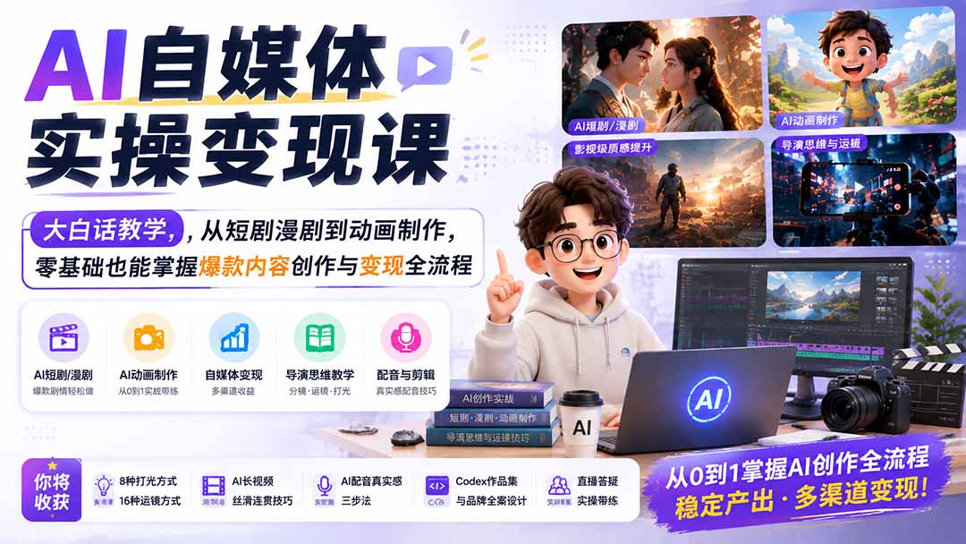 AI自媒体实操变现课｜大白话教学，从短剧漫剧到动画制作，零基础也能掌握爆款内容创作与变现全流程-天韵资源网