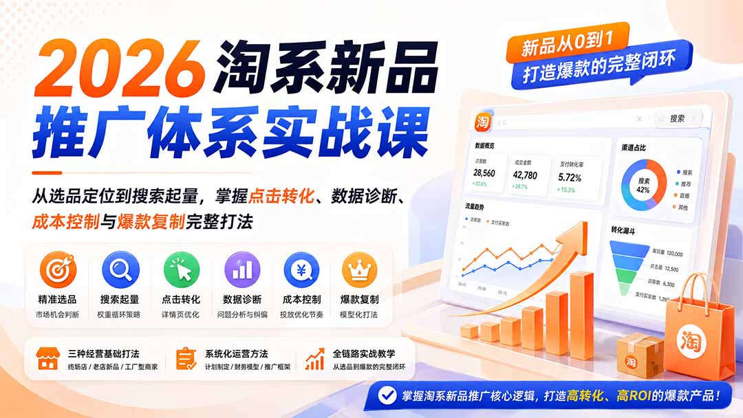 2026淘系新品推广体系实战课：从选品定位到搜索起量，掌握点击转化、数据诊断、成本控制与爆款复制完整打法-天韵资源网
