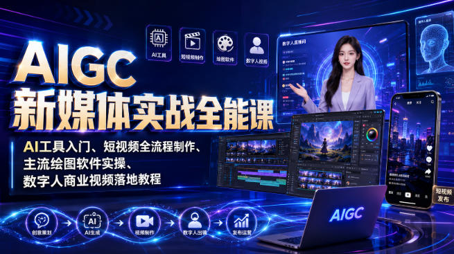 AIGC新媒体实战全能课｜AI工具入门、短视频全流程制作、主流绘图软件实操、数字人商业视频落地教程-天韵资源网