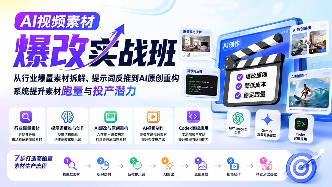 AI视频素材爆改实战班-更新8月：从行业爆量素材拆解、提示词反推到AI原创重构，系统提升素材跑量与投产潜力-天韵资源网