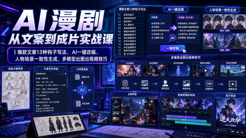 AI漫剧从文案到成片实战课｜爆款文案13种钩子写法、AI一键改稿、人物场景一致性生成、多模型出图出视频技巧-天韵资源网