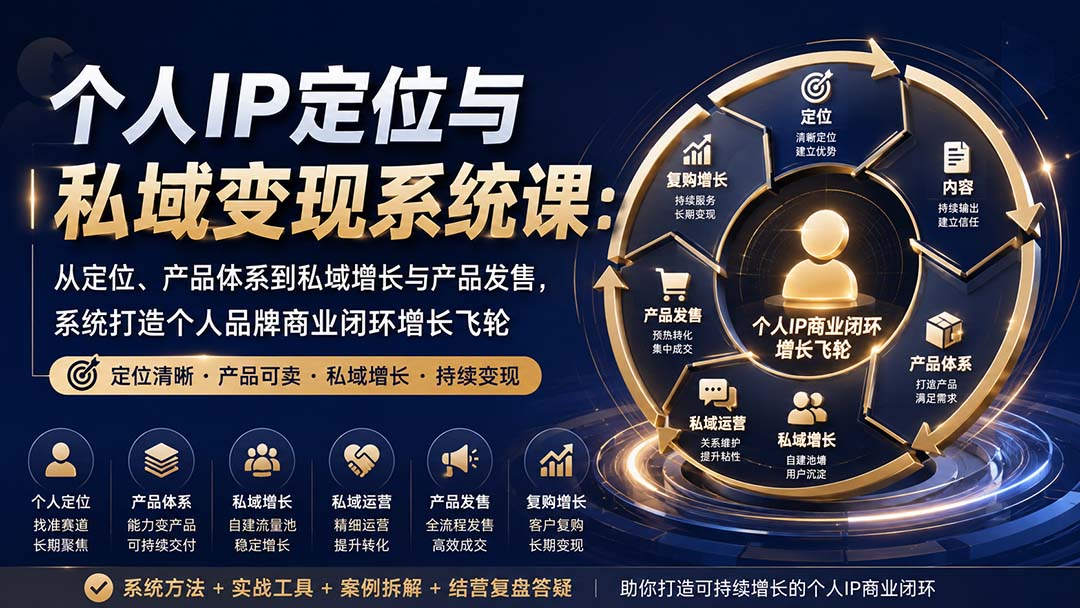 个人IP定位与私域变现系统课：从定位、产品体系到私域增长与产品发售，系统打造个人品牌商业闭环增长飞轮-天韵资源网