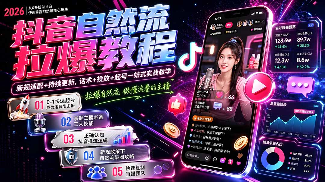 抖音自然流拉爆教程-更新7月：做懂流量的主播，新规适配+持续更新，话术+投放+起号一站式实战教学-天韵资源网