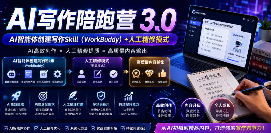 AI写作陪跑营3.0，Ai智能体创建写作skill(workbuddy)+人工手写模式(手搓模式)，去除AI痕迹(头条号、公众号、百家号)(更新0806)-天韵资源网
