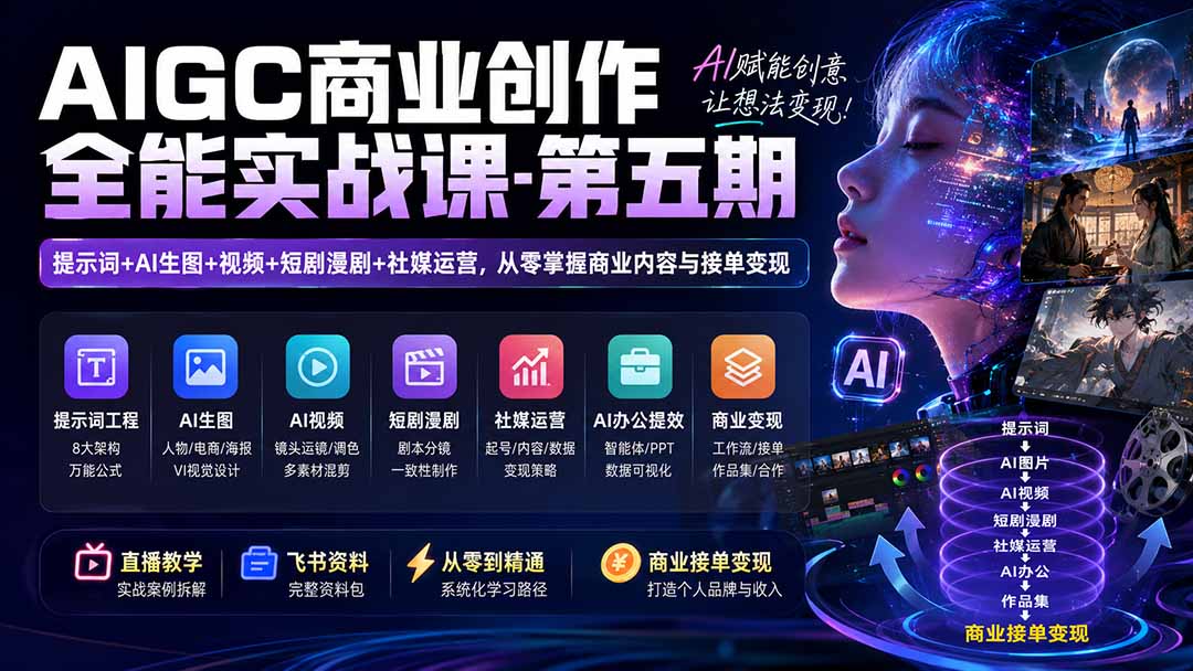 AIGC商业创作全能实战课-第五期：提示词+AI生图+视频+短剧漫剧+社媒运营，从零掌握商业内容与接单变现-天韵资源网