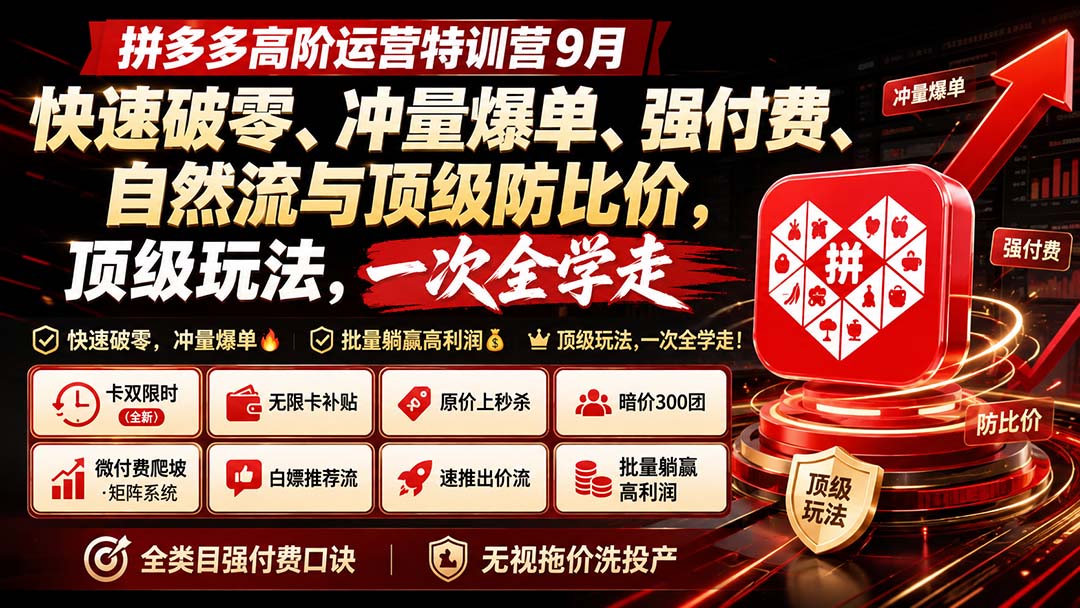 拼多多高阶运营特训营9月：快速破零、冲量爆单、强付费、自然流与顶级防比价， 顶级玩法，一次全学走-天韵资源网