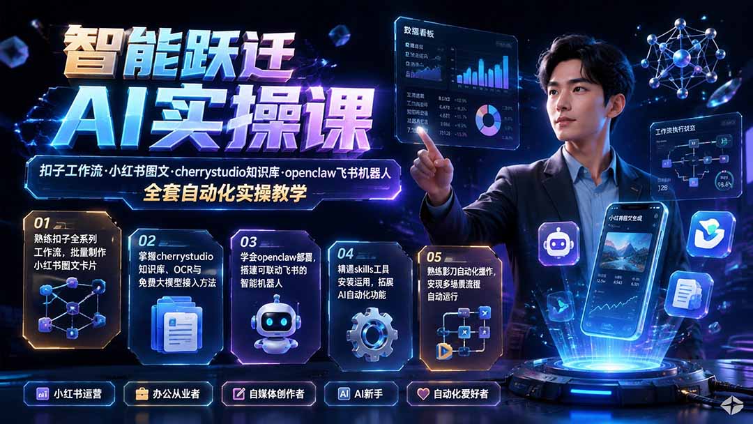 智能跃迁 AI实操课|扣子工作流小红书图文搭建,cherrystudio知识库openclaw飞书机器人全套自动化实操教学-天韵资源网
