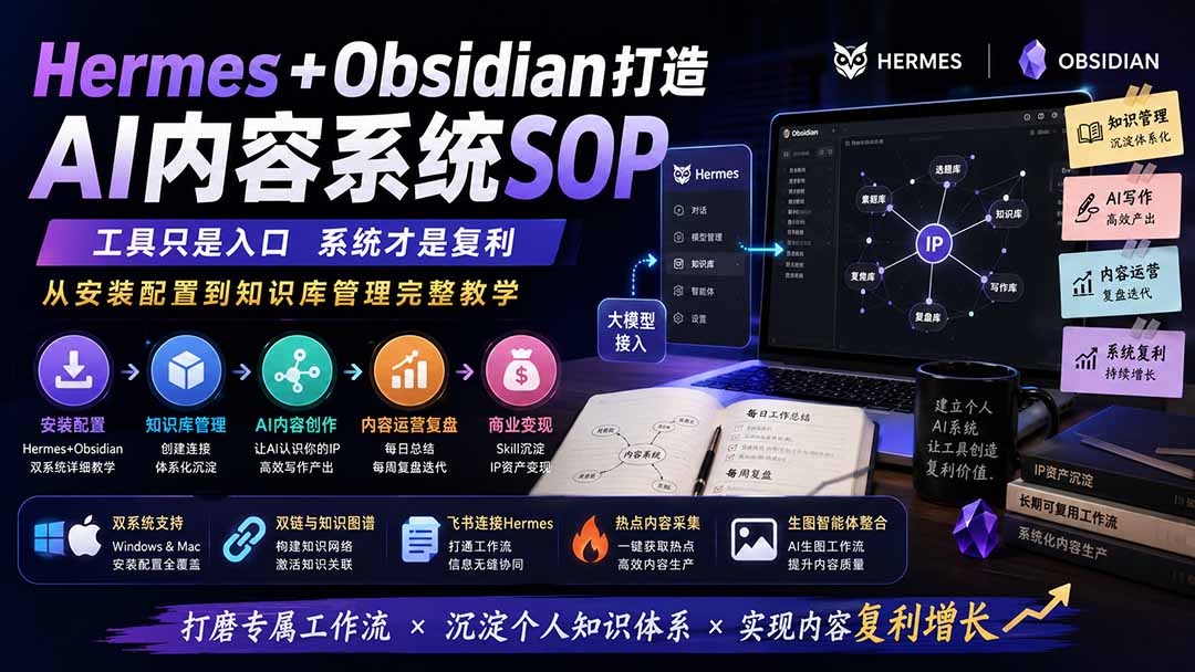 Hermes+Obsidian打造AI内容系统SOP；工具只是入口系统才是复利，从安装配置到知识库管理完整教学-天韵资源网