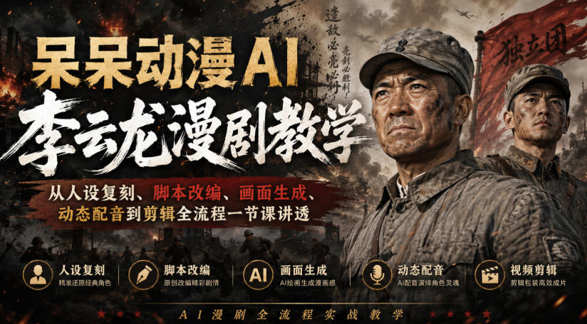 呆呆动漫AI李云龙漫剧教学，从人设复刻、脚本改编、画面生成、动态配音到剪辑全流程一节课讲透-天韵资源网