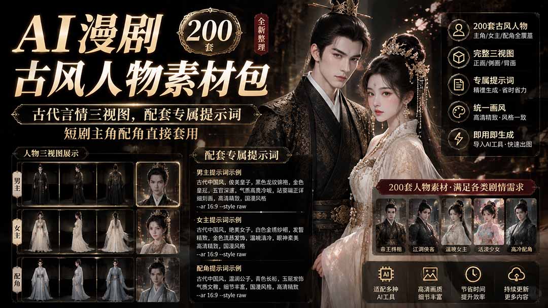 AI漫剧古风人物素材包+提示词｜200 套古代言情三视图，配套专属提示词短剧主角配角直接套用-天韵资源网