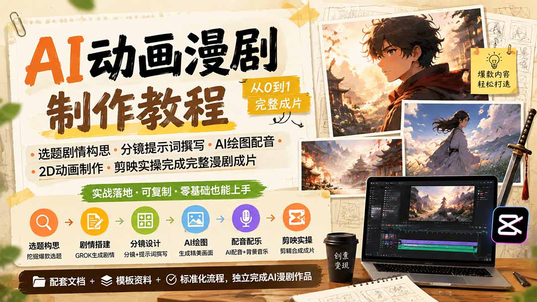 AI动画漫剧制作教程｜选题剧情构思·分镜提示词撰写·AI绘图配音·2D动画制作·剪映实操完成完整漫剧成片-天韵资源网