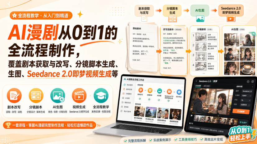 AI漫剧从0到1的全流程制作，覆盖剧本获取与改写、分镜脚本生成、角色场景生图与三视图、Seedance 2.0即梦视频生成(PDF版)-天韵资源网